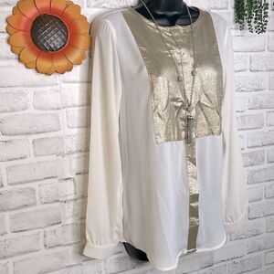 Express Sheer Gold Top Blouse Shirt Button Down Oversized Tunic Small Boho